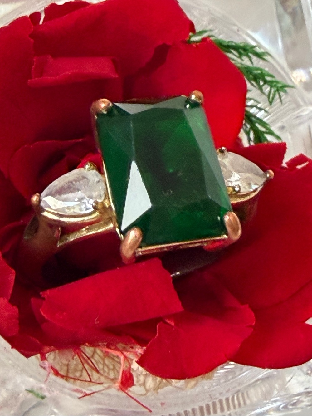 Emerald-Cut Green Stone Three-Stone Ring - Women Jewelry
